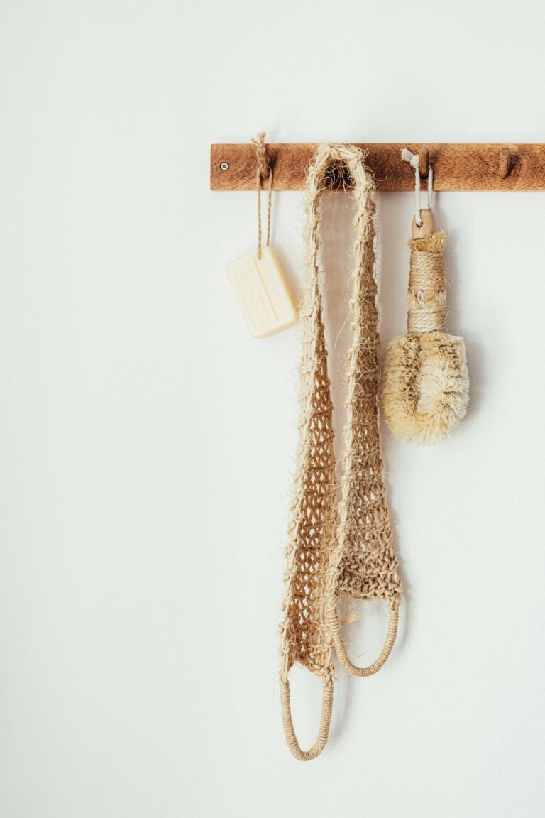 Wooden hanger with eco friendly bathroom accessories